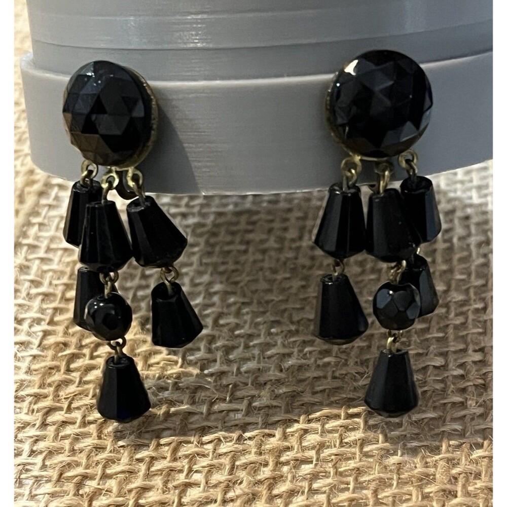 Vtg Morning Bead Glass Black Faceted Chandelier Earrings Screw Back Gothic